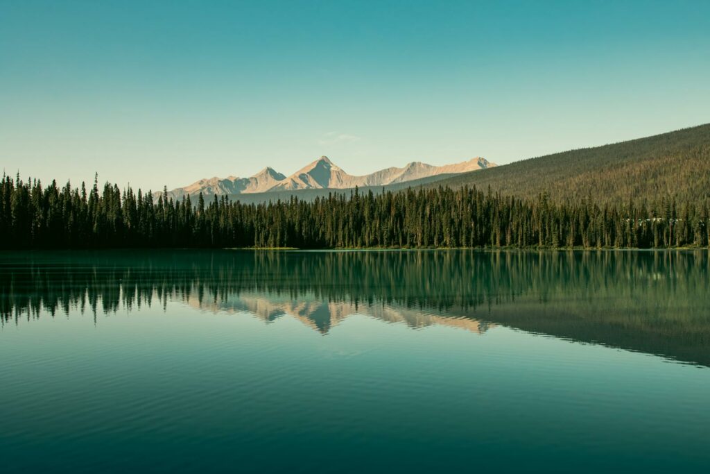 ue panoramique d'Emerald Lake dans le parc national de Yoho, avec le reflet des montagnes Rocheuses et de la forêt de pins dans l'eau émeraude.
