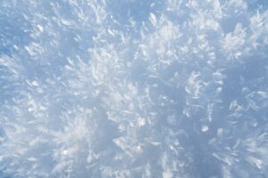 Gros plan macro sur des cristaux de givre et de neige étincelants sous une lumière bleue hivernale.